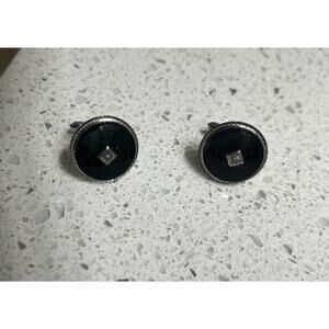 Vintage Black Onyx Round Cufflinks LAMODE 925 Sterling Silver Diamonds